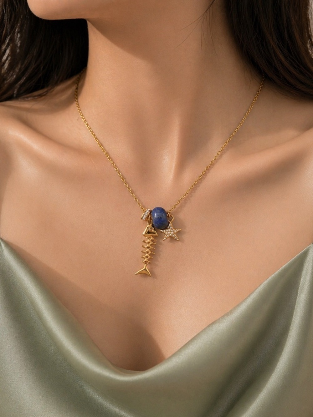 Coastal Dream Gold Fishbone Navy Stone & Star Charm Necklace - Picture 7 of 7